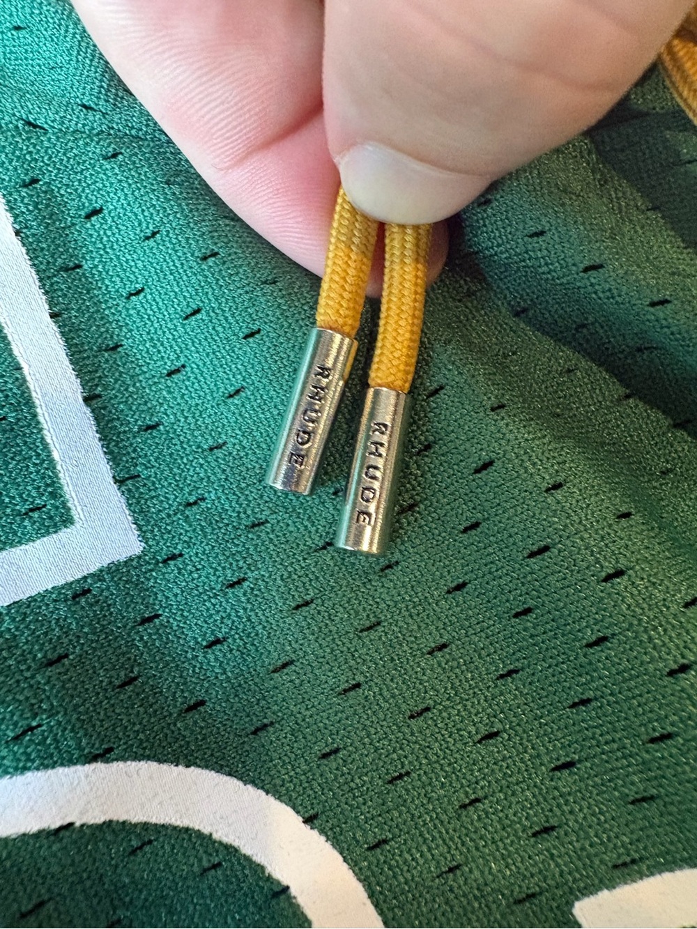 Rhude Green Mesh Athletic Shorts with Yellow Drawcord - Picture 3 of 7